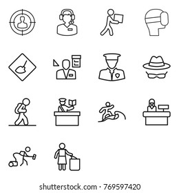 Thin line icon set : target audience, call center, courier, virtual mask, under construction, architector, security man, confidential, tourist, inspector, surfer, reception, vacuum cleaner
