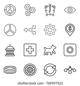 Thin Line Icon Set : Target Audience, Gear, Alarm Clock, Eye, Diagram, Core Splitting, Round Around, Dollar Pin, Goverment House, First Aid, Dog, Ring Button, Inflatable Pool, Wheel, Reload