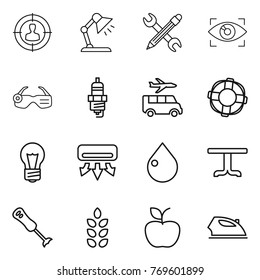 Thin line icon set : target audience, table lamp, pencil wrench, eye identity, smart glasses, spark plug, transfer, lifebuoy, bulb, air conditioning, drop, blender, spikelets, apple, iron