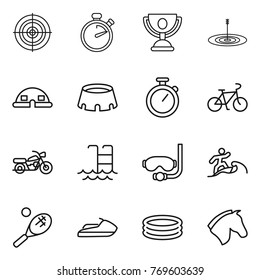 Thin line icon set : target, stopwatch, trophy, dome house, stadium, bike, motorcycle, pool, diving mask, surfer, tennis, jet ski, inflatable, horse