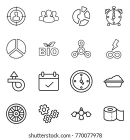 Thin line icon set : target audience, group, circle diagram, alarm clock, bio, spinner, infinity power, trip, terms, watch, washing, wheel, gears, hard reach place cleaning, toilet paper