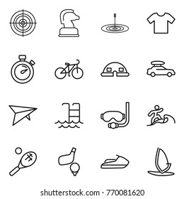 Thin line icon set : target, chess horse, t shirt, stopwatch, bike, dome house, car baggage, deltaplane, pool, diving mask, surfer, tennis, golf, jet ski, windsurfing