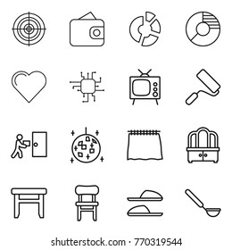 Thin line icon set : target, wallet, circle diagram, heart, chip, tv, repair, courier delivery, disco ball, curtain, dresser, stool, chair, slippers, ladle