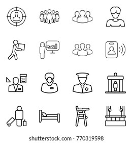 Thin line icon set : target audience, team, group, woman, courier, presentation, pass card, architector, support manager, security man, detector, passenger, bed, Chair for babies