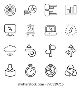 Thin line icon set : target, diagram, graph, monitor arrow, presentation, notebook, lightning, cloud wireless, trip, signpost, route, package, stopwatch, compass, recycling