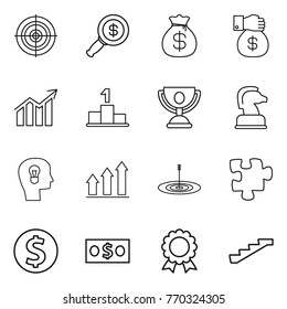 Thin line icon set : target, dollar magnifier, money bag, gift, diagram, pedestal, trophy, chess horse, bulb head, graph up, puzzle, coin, medal, stairs