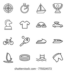 Thin line icon set : target, stopwatch, boat, trophy, chess horse, t shirt, dome house, car baggage, bike, tennis, jet ski, yacht, windsurfing, inflatable pool