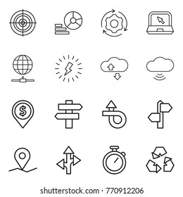 Thin line icon set : target, diagram, around gear, notebook, globe connect, lightning, cloude service, cloud wireless, dollar pin, singlepost, trip, signpost, geo, route, stopwatch, recycling