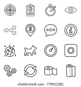 Thin line icon set : target, report, stopwatch, eye, core splitting, dollar pin, balloon, info, disco ball, dog, barometer, ring button, gears, reload, toilet paper, towel