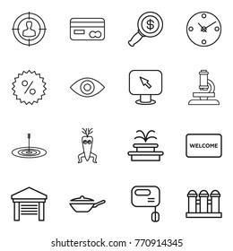 Thin line icon set : target audience, card, dollar magnifier, clock, percent, eye, monitor arrow, microscope, dna modify, fountain, welcome mat, garage, pan, mixer, grain elevator