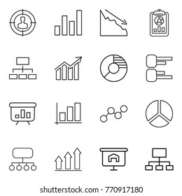 Thin line icon set : target audience, graph, crisis, report, hierarchy, diagram, circle, presentation, structure, up