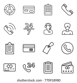Thin line icon set : target audience, card, clipboard, phone, call, 24 7, center, woman, credit, label