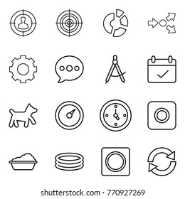 Thin line icon set : target audience, circle diagram, core splitting, gear, balloon, draw compass, terms, dog, barometer, watch, ring button, washing, inflatable pool, reload