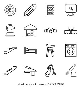 Thin line icon set : target, pencil, abacus, monitor arrow, chess horse, warehouse, drawbridge, block wall, stairs, bed, Chair for babies, washing machine, garlic clasp, vacuum cleaner, toilet brush