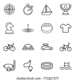 Thin line icon set : target, stopwatch, boat, trophy, chess horse, smart bracelet, t shirt, bike, dome house, car baggage, diving mask, golf, inflatable pool