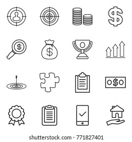 Thin line icon set : target audience, coin stack, dollar, magnifier, money bag, trophy, graph up, puzzle, clipboard, medal, mobile checking, housing