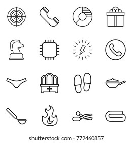 Thin line icon set : target, phone, circle diagram, gift, chess horse, chip, lightning, underpants, dresser, slippers, pan, ladle, fire, scissors, towel