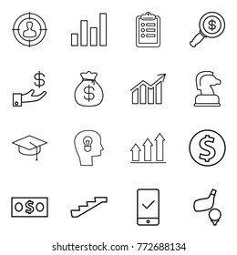 Thin line icon set : target audience, graph, clipboard, dollar magnifier, investment, money bag, diagram, chess horse, graduate hat, bulb head, up, coin, stairs, mobile checking, golf