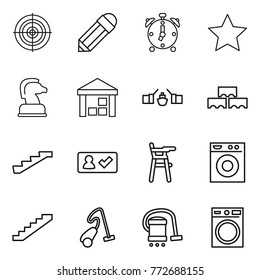 Thin line icon set : target, pencil, alarm clock, star, chess horse, warehouse, drawbridge, block wall, stairs, check in, Chair for babies, washing machine, vacuum cleaner