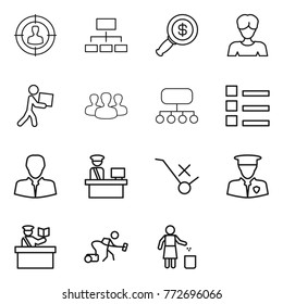 Thin line icon set : target audience, hierarchy, dollar magnifier, woman, courier, group, structure, list, client, customs control, do not trolley sign, security man, inspector, vacuum cleaner