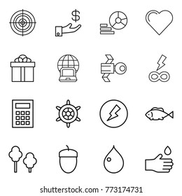 Thin line icon set : target, investment, diagram, heart, gift, notebook globe, satellite, infinity power, calculator, handwheel, electricity, fish, trees, acorn, drop, hand