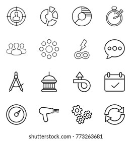 Thin line icon set : target audience, circle diagram, stopwatch, group, round around, infinity power, balloon, draw compass, goverment house, trip, terms, barometer, hair dryer, gears, reload