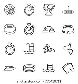 Thin line icon set : target, stopwatch, trophy, smart bracelet, dome house, stadium, pool, surfer, golf, yacht, inflatable, horse
