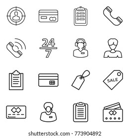 Thin line icon set : target audience, card, clipboard, phone, call, 24 7, center, woman, credit, label, sale, support manager