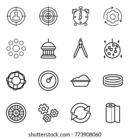 Thin line icon set : target audience, alarm clock, around gear, round, goverment house, drawing compasses, disco ball, lifebuoy, barometer, washing, inflatable pool, wheel, gears, reload