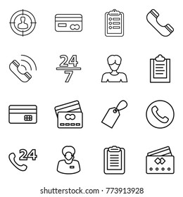 Thin line icon set : target audience, card, clipboard, phone, call, 24 7, woman, credit, label, support manager