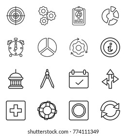 Thin line icon set : target, gear, report, circle diagram, alarm clock, around, info, goverment house, drawing compasses, terms, route, first aid, lifebuoy, ring button, reload