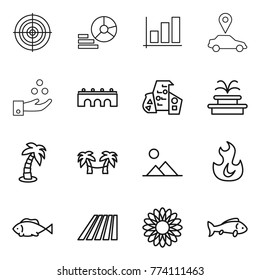 Thin line icon set : target, diagram, graph, car pointer, chemical industry, bridge, modern architecture, fountain, palm, hammock, landscape, fire, fish, field, flower