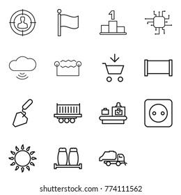 Thin line icon set : target audience, flag, pedestal, chip, cloud wireless, electrostatic, add to cart, fence, construction, truck shipping, baggage checking, power socket, gas oven, salt pepper