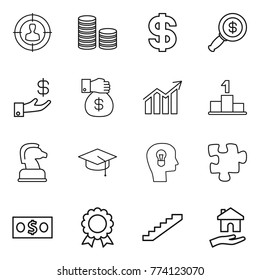 Thin line icon set : target audience, coin stack, dollar, magnifier, investment, money gift, diagram, pedestal, chess horse, graduate hat, bulb head, puzzle, medal, stairs, housing