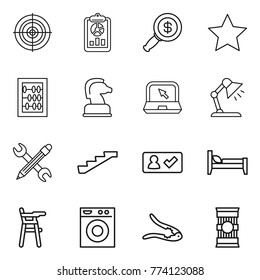 Thin line icon set : target, report, dollar magnifier, star, abacus, chess horse, notebook, table lamp, pencil wrench, stairs, check in, bed, Chair for babies, washing machine, walnut crack, pasta