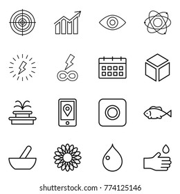 Thin line icon set : target, diagram, eye, atom, lightning, infinity power, calendar, 3d, fountain, mobile location, ring button, fish, mortar, flower, drop, hand
