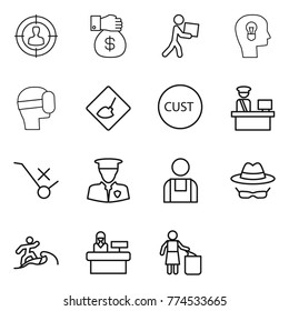 Thin line icon set : target audience, money gift, courier, bulb head, virtual mask, under construction, customs, control, do not trolley sign, security man, workman, confidential, surfer, reception