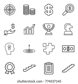 Thin line icon set : target, coin stack, dollar, magnifier, investment, diagram, trophy, chess horse, bulb head, puzzle, money, medal, stairs, clipboard