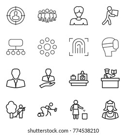 Thin line icon set : target audience, team, woman, courier, structure, round around, fingerprint, virtual mask, client, baggage checking, inspector, garden cleaning, vacuum cleaner, garbage bin