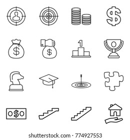 Thin line icon set : target audience, coin stack, dollar, money bag, gift, pedestal, trophy, chess horse, graduate hat, puzzle, stairs, housing