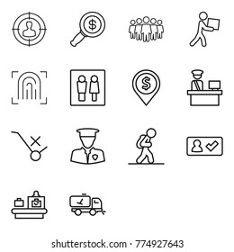 Thin line icon set : target audience, dollar magnifier, team, courier, fingerprint, wc, pin, customs control, do not trolley sign, security man, tourist, check in, baggage checking