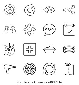 Thin line icon set : target audience, circle diagram, eye, core splitting, group, round around, balloon, terms, disco ball, first aid, washing, inflatable pool, hair dryer, wheel, reload