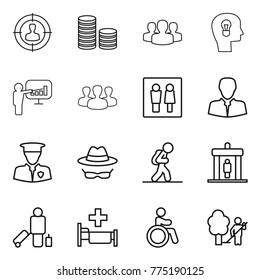 Thin line icon set : target audience, coin stack, group, bulb head, presentation, wc, client, security man, confidential, tourist, detector, passenger, hospital, invalid, garden cleaning