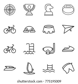 Thin line icon set : target, trophy, chess horse, smart bracelet, bike, dome house, stadium, deltaplane, pool, diving mask, jet ski, yacht, windsurfing