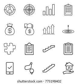 Thin line icon set : target audience, graph, clipboard, money bag, gift, up, puzzle, stairs, mobile checking, golf, housing