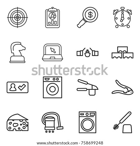 Thin line icon set : target, report, dollar magnifier, alarm clock, chess horse, notebook, drawbridge, block wall, check in, washing machine, garlic clasp, walnut crack, cheese, vacuum cleaner