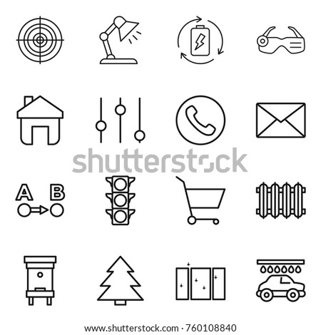 Thin line icon set : target, table lamp, battery charge, smart glasses, home, equalizer, phone, mail, route a to b, traffic light, cart, radiator, hive, spruce, clean window, car wash