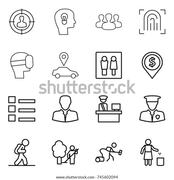 thin line icon set : target audience, bulb head,\
group, fingerprint, virtual mask, car pointer, wc, dollar pin,\
list, client, customs control, security man, tourist, garden\
cleaning, vacuum cleaner