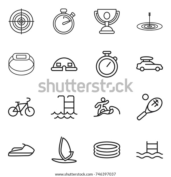 thin line icon set : target,
stopwatch, trophy, smart bracelet, dome house, car baggage, bike,
pool, surfer, tennis, jet ski, windsurfing,
inflatable