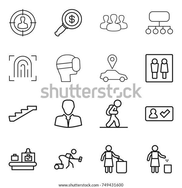 thin line icon set : target audience, dollar\
magnifier, group, structure, fingerprint, virtual mask, car\
pointer, wc, stairs, client, tourist, check in, baggage checking,\
vacuum cleaner, garbage\
bin
